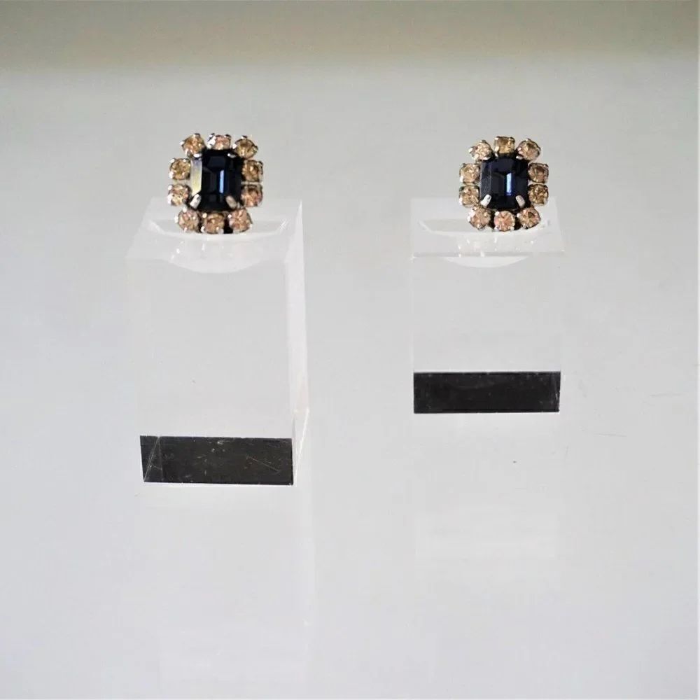 Christian Dior Clip On Earrings Vintage 60s Germany Blue Tanzanite w Crystals -